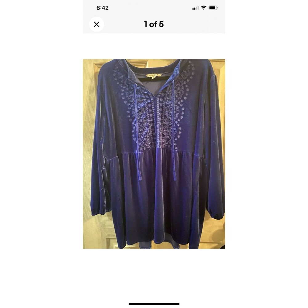 PIONEER WOMAN Blue Peasant Velvet Tunic Blouse XXL Whimsical